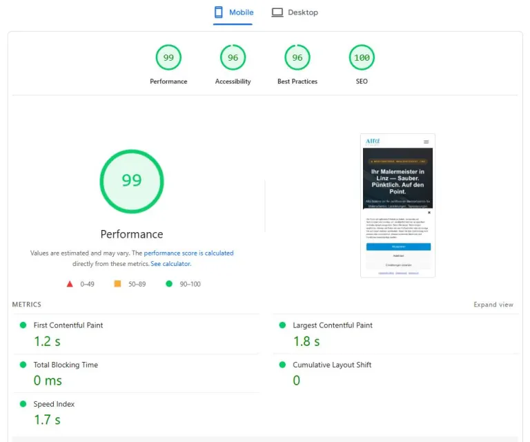 Prikaz rezultata zvaničnog Google PageSpeed Insights audit
