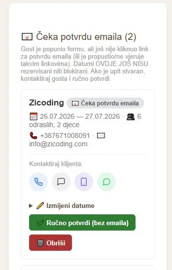 Kartica za prikaz rezervacija koje nisu potvrđene email linkom
