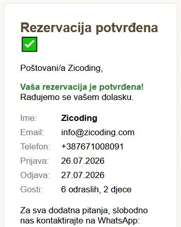 Jednostavan pregled potvrđene rezervacije sa opcijama za kontakt gosta