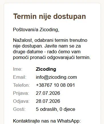 Jednostavan pregled potvrđene rezervacije sa opcijama za kontakt gosta