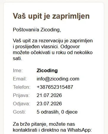 Email za potvrdu upita za rezervaciju - dvostruka potvrda sprječava spam