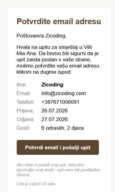 Email za potvrdu upita za rezervaciju - dvostruka potvrda sprječava spam