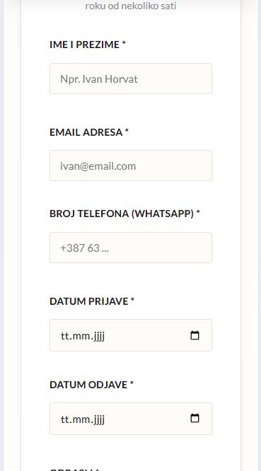 Kratka forma za upit za rezervaciju apartmana - ime, email, telefon, datumi