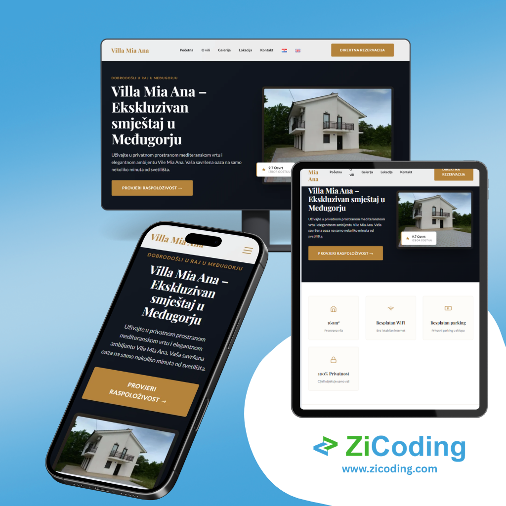 Prikaz izgleda web stranice Villa Mia Ana urađene za klijenta, sa prikazom na desktopu, tabletu i mobitelu