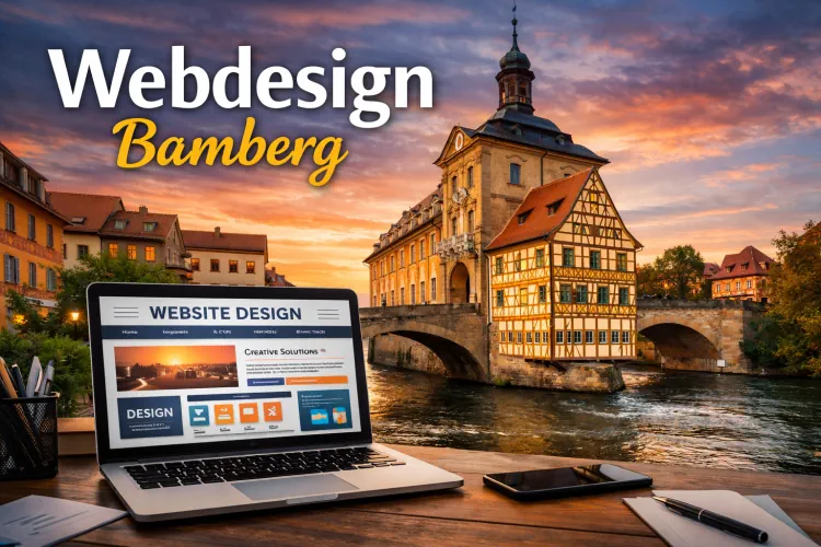 Webdesign Bamberg – Laptop mit moderner Website vor dem Alten Rathaus in Bamberg bei Sonnenuntergang