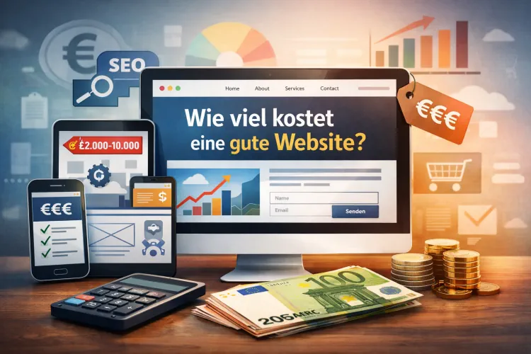 Illustration eines professionellen Webdesign-Layouts mit Desktop, Tablet und Smartphone,